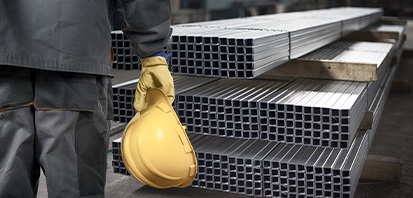 back of man in safety gear looking at bundles of steel bars