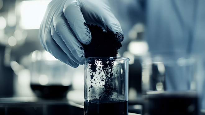 hand in glove holding black powder above test tube