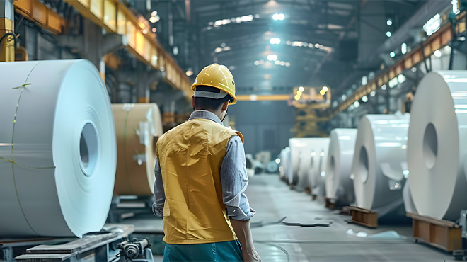 main in hard hat in paper mill