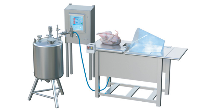 Poultry packaging spray application