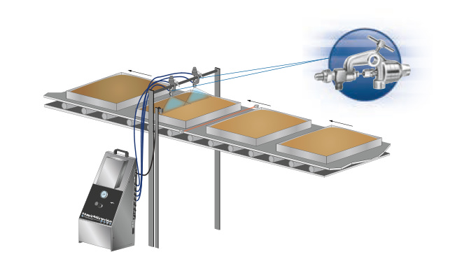 drawing of cakes on conveyor with autojet spray system