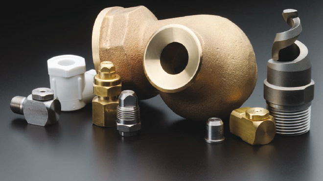 group of hollow cone spray nozzles in brass and stainless steel