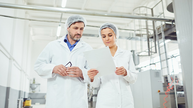 man and women in lab coats and hair nets