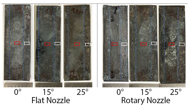 top view of descaled surfaces with two studied nozzles at different lead angles