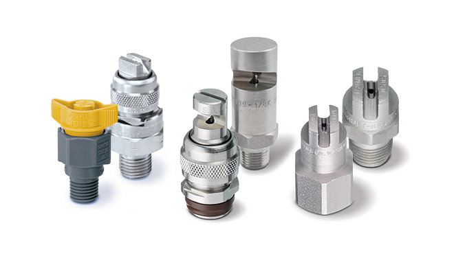 grouping of VeeJet, FloodJet, FullJet and WashJet spray nozzles