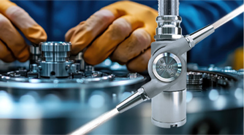 gloved hands performing maintenance on a tank with cloud-sellers tank cleaner