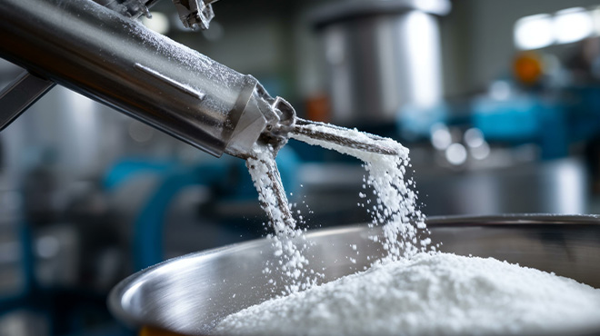 pipe with white powder flowing out into tank