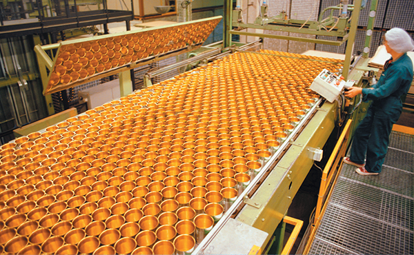 cans on a conveyor