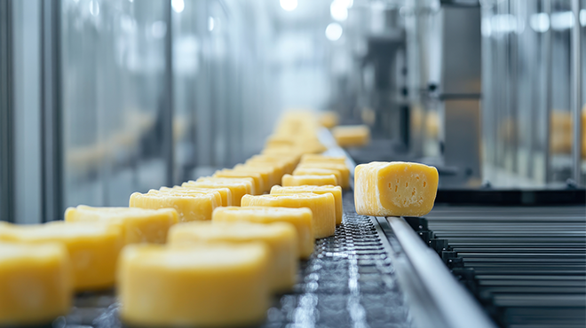 block cheese on a conveyor