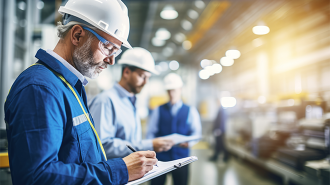 man in hard hat writing on note book