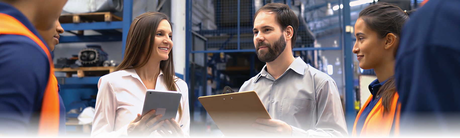 group of people on plant floor holding clip boards and ipads