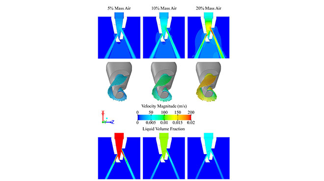 CFD results for 3 cases with different air/water mass flow ratios