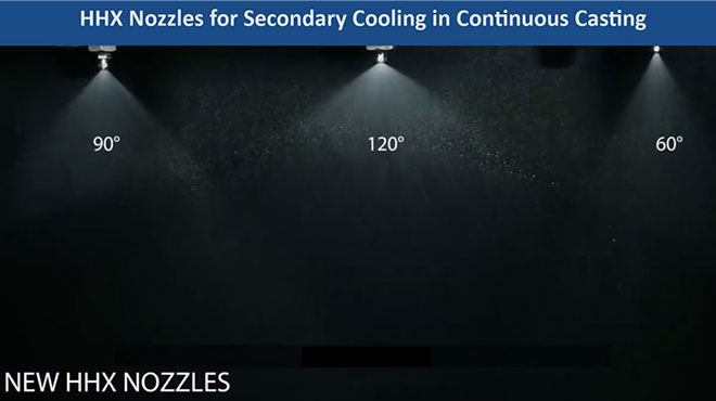 HHX spray nozzles for secondary cooling in continuous casting spraying water at different angles