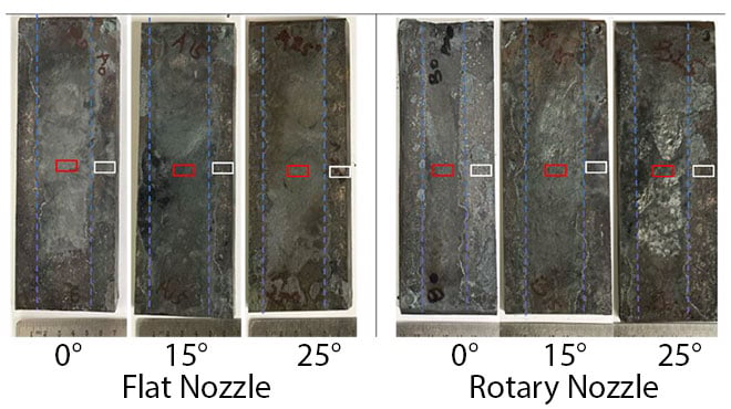 top view of descaled surfaces with two studied nozzles at different lead angles