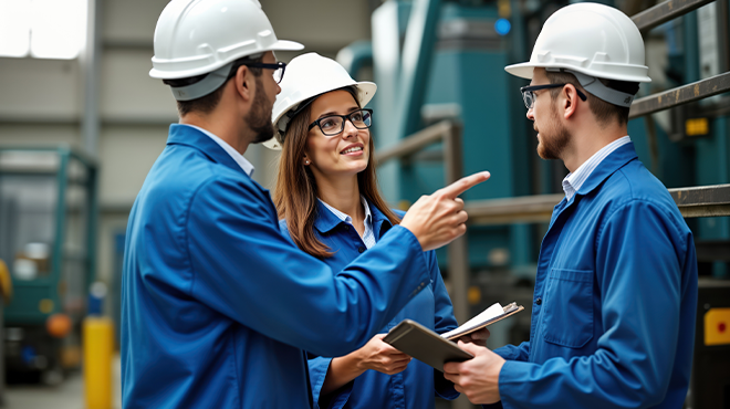 a woman and two men in hard hats