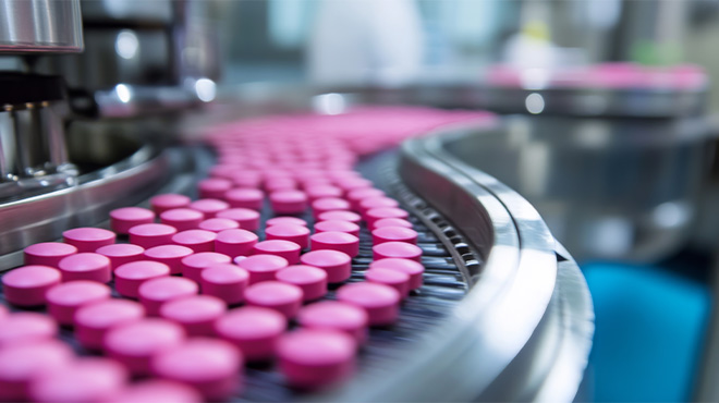 pink pills on a conveyor belt