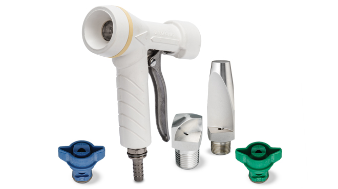 conveyor and equipment cleaning spray guns and nozzles for food processors