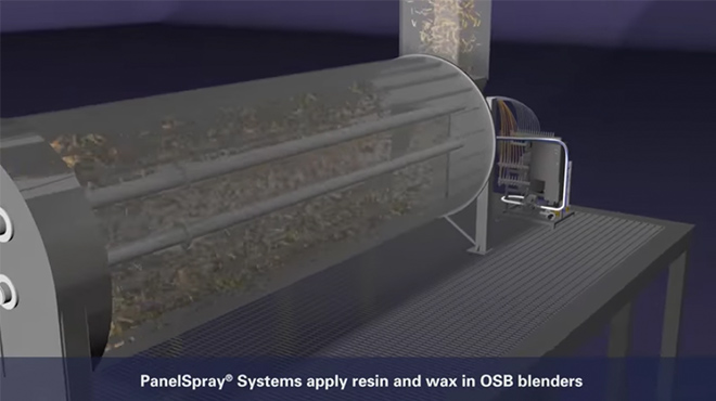 El Sistema PanelSpray aplica la aplicación de resina y cera en los mezcladores OSB