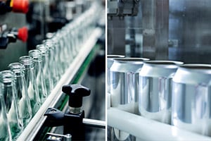 glass bottles and cans on conveyors