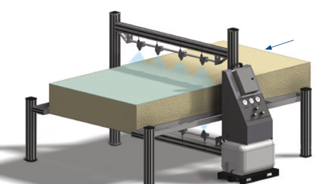 spray nozzles misting water on foam boards