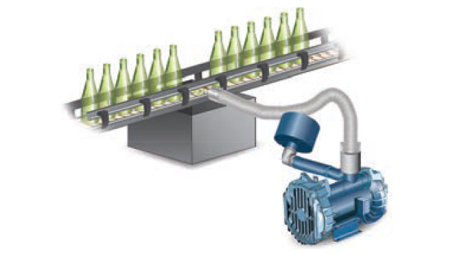 wine bottles on conveyor with blower system