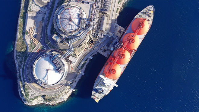 ship docked at processing plant