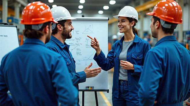 group of people in hard hats by a white board