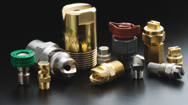 group of flat spray nozzles in brass and stainless steel