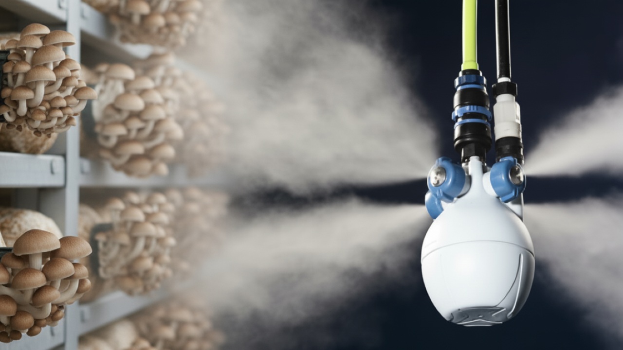 キノコ栽培にスプレー加湿