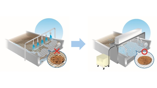 えびせんべい製造工程のコンベア洗浄