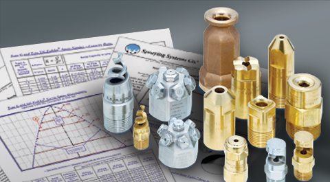 fire protection nozzles next to a collection of technical documents