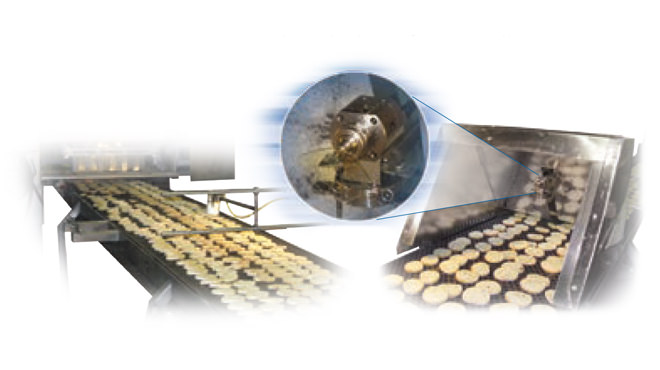 spray nozzle coating toast on conveyor