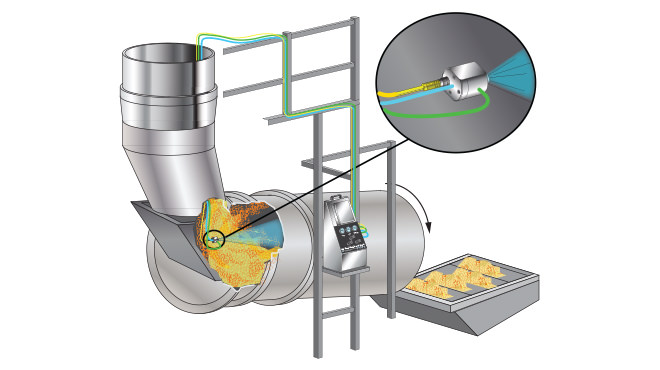spray nozzle applying liquid natamycin to cheese