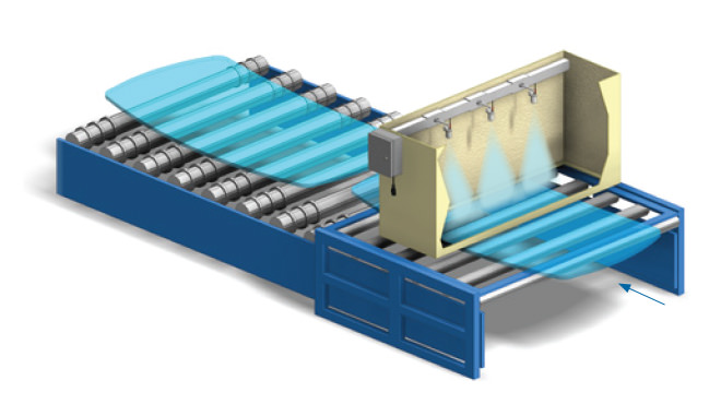 air atomizing nozzles coating windshield panes on conveyor