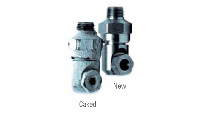 side by side comparison of new versus caked spray nozzle