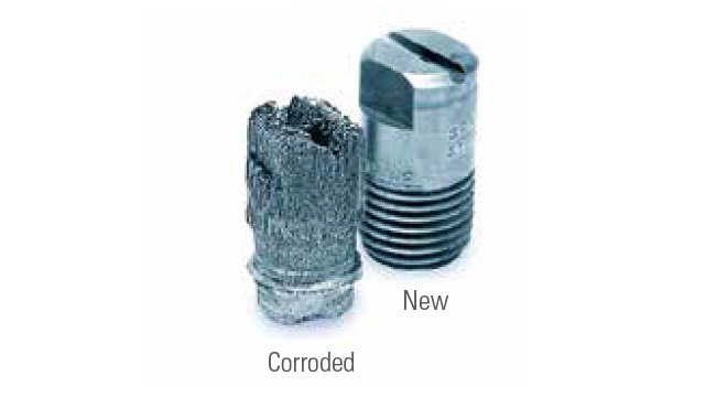 side by side comparison of new versus corroded spray nozzle