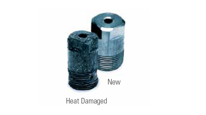 side by side comparison of new versus heat damaged spray nozzle