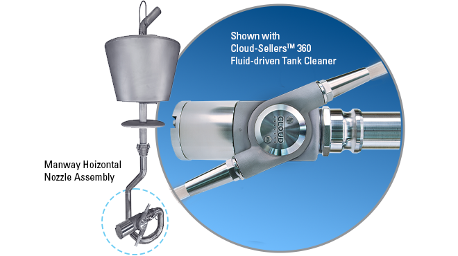 manway horizontal nozzle assembly shown with cloud-sellers 369 tank cleaner