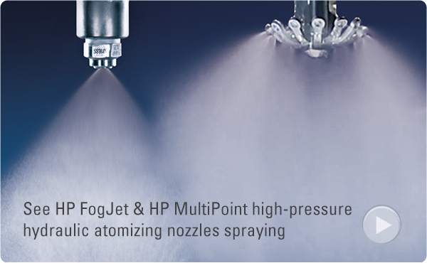 hp fogjet and hp multipoint high-pressure hydraulic atomizing nozzles spraying side by side
