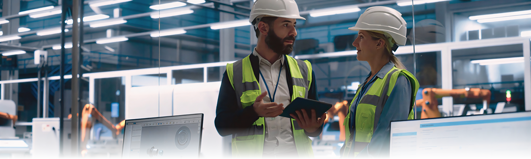 man and woman in hard hats looking at tablet