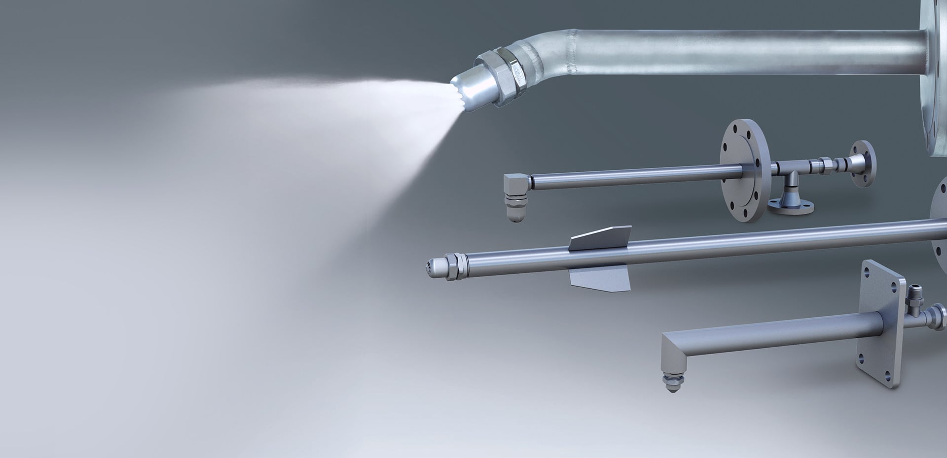 a grouping of spray headers and lances