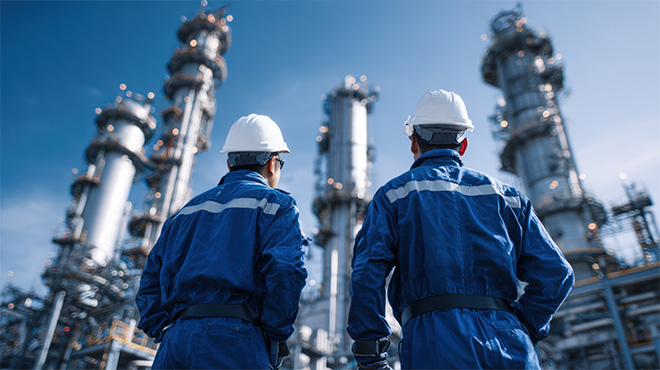 men in hard hats looking at petrochemical plant